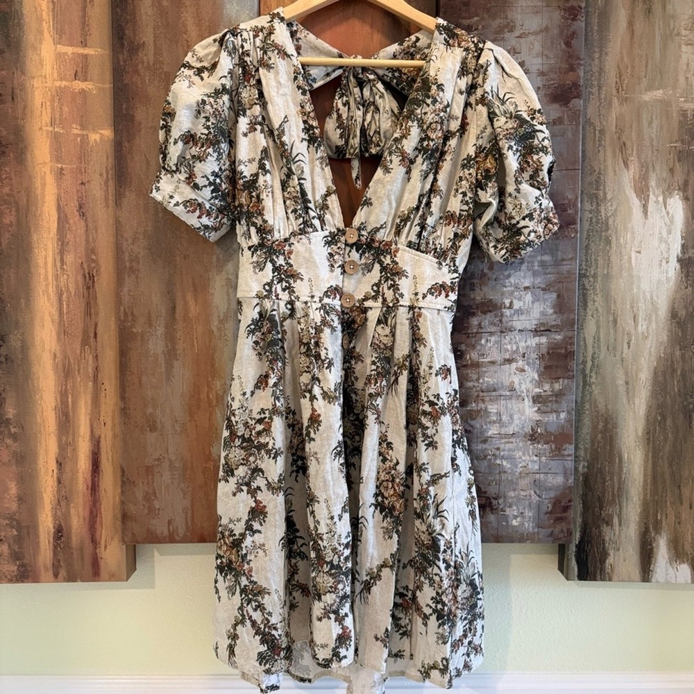 Agua Bendita Floral Linen Mini Dress Open Back Tie Puff Sleeve Cream Green